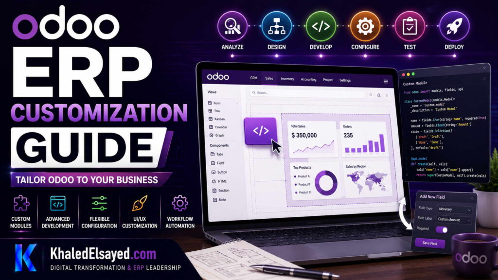 Odoo ERP Customization Guide 1 Odoo ERP customization guide showcasing personalized modules, custom workflows, and tailored enterprise resource planning solutions by the IT Leader Khaled Elsayed Sqawa
