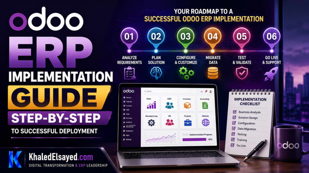 Odoo ERP implementation dashboard showcasing data migration, workflow automation, and business process integration strategies by the IT Leader Khaled Elsayed Sqawa