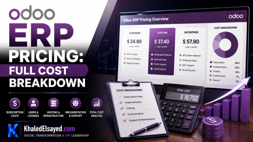 Odoo ERP Pricing: Full Cost Breakdown 1 Odoo ERP pricing dashboard illustrating subscription plans, implementation costs, licensing options, and total ownership expenses by the IT Leader Khaled Elsayed Sqawa