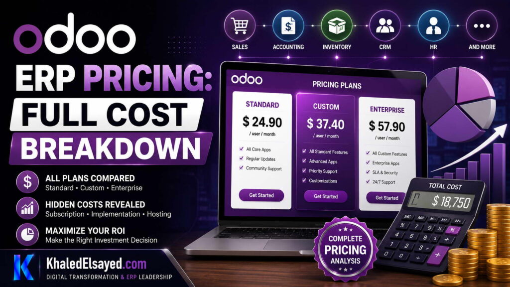 Odoo ERP pricing breakdown showcasing cloud and on-premise deployment costs, module pricing, and business scalability options by the IT Leader Khaled Elsayed Sqawa