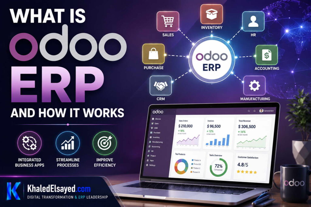 What is Odoo ERP and How It Works 1 What is Odoo ERP and how it works illustrated through an integrated business management dashboard featuring finance, CRM, inventory, and human resources by the IT Leader Khaled Elsayed Sqawa